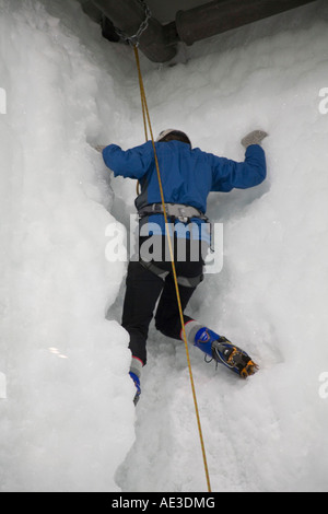 FRANZ JOSEF costa ovest di Isola del Sud della Nuova Zelanda può una donna che indossa la sicurezza salendo di marcia di un camino di ghiaccio uno dei 15 vie di arrampicata Foto Stock