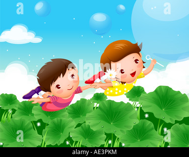 Un ragazzo e una ragazza volare sopra le piante e rendendo le bolle di sapone Foto Stock
