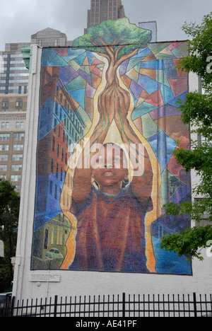 Moderna arte murale in Philadelphia mostrano uno che mostra un bambino di Filadelfia in Pennsylvania PA USA Foto Stock