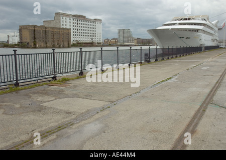 Royal Victoria Dock waterfront che mostra lo Yacht Hotel e il Millennio in disuso mulini di Silvertown nella distanza London REGNO UNITO Foto Stock