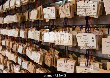 Righe di legno targhe votive - ema - con auguri e preghiere nelle diverse lingue in Meiji Jingu a Tokyo Giappone Foto Stock