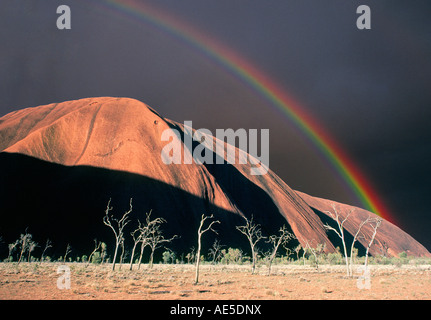 Un arcobaleno al di sopra del grande masso chiamato Ayers Rock Parco Nazionale nell'Outback australiano Foto Stock