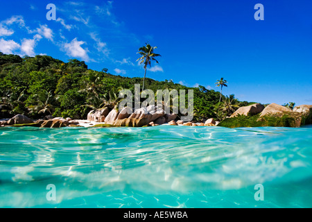 Vista della spiaggia dal mare proprietà rilasciato Cousine Island Seychelles Foto Stock