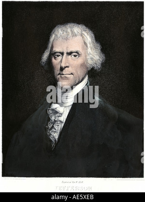 Thomas Jefferson ritratto. Colorate a mano incisione di un ritratto di Desnoyers Foto Stock