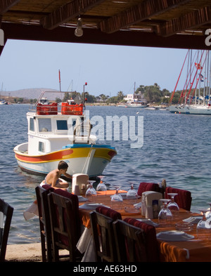 La penisola di Bodrum Turchia Mugla Gumusluk harbour ristorante di pesce fresco pescato il pesce del Mar Egeo Foto Stock