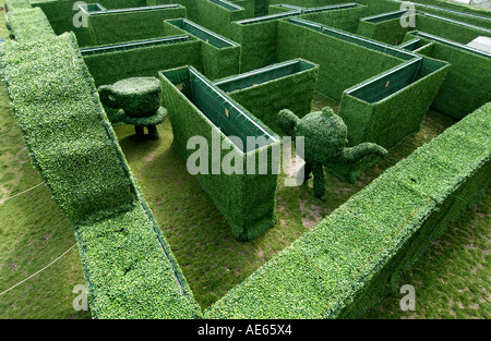 Topiaria da una teiera e tazzina vagare intorno un labirinto di topiaria da uno dei wacky Brighton Festival Fringe eventi Foto Stock