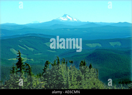 Mt Jefferson in Oregon che mostra una chiara definizione aree di foresta. Stato e leggi federali richiedono il reimpianto ma la compliance è a macchie. Foto Stock