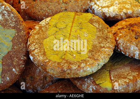 Pane cotto su una foglia di rafano senza conservanti su sano e naturale prodotti regionali festival in Polonia Foto Stock