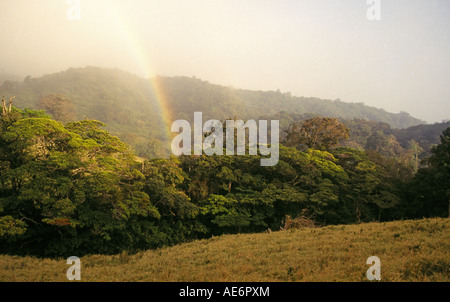 Vista di un arcobaleno oltre la fitta foresta di pioggia di Monteverde Cloud Forest Riserve in Costa Rican highlands Foto Stock