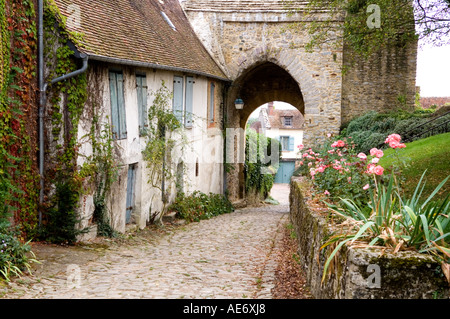 Strada di ciottoli nel borgo medievale di villaggio francese Foto Stock