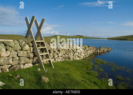 dh Loch of Breckon ESHA NESS SHETLAND Country Walkers style ladder over dry stone dyke drystone wall uk walk Foto Stock