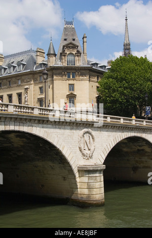 Formare fisarmonica giocatore si trova sul Pont Au Change Bridge Parigi Francia Foto Stock