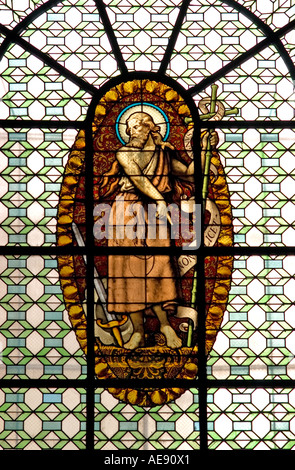 Parigi, Francia. Chiesa di St Sulpice. Finestra di vetro colorato che mostra San Giovanni Battista Foto Stock