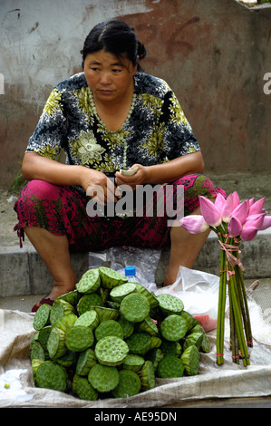 Una donna cinese vende i semi di loto e fiori su una strada a Beijing in Cina 22 Ago 2007 Foto Stock