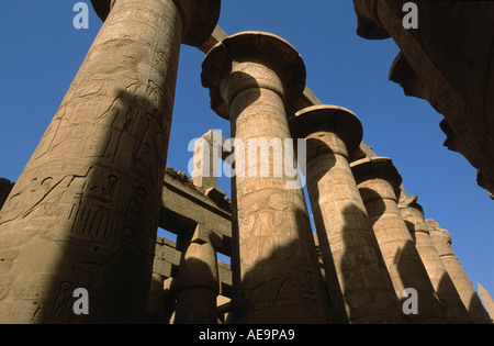 Colonne scolpite nella grande Hypostyle Hall del distretto di Amon, Tempio di Karnak Luxor Egitto Foto Stock