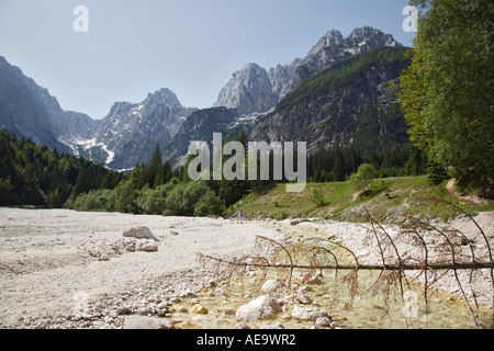 Kranjska Gora Slovenia. Fiume Velika Pisnica per rasoio Prisank e montagne nel "Parco Nazionale del Triglav' nelle Alpi Giulie in estate. Foto Stock