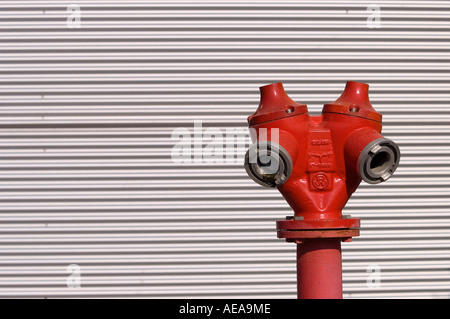 Rosso idrante di acqua su un ondulato sfondo argento Foto Stock