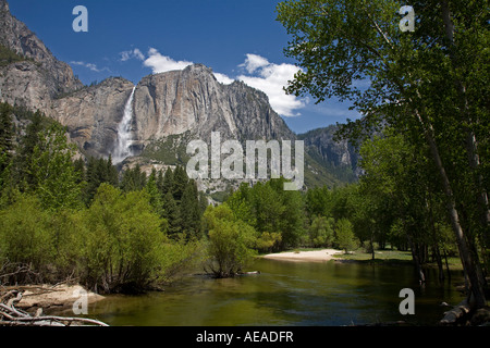 YOSEMITE FALLS confluisce nel fiume Merced nella Yosemite Valley Yosemite National Park in California Foto Stock