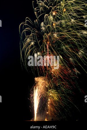 Fuochi d'artificio che esplodono nel cielo notturno i fuochi d'artificio pirotecnici festival display entertainment Guy Fawkes guido spettacolari luci divertire Foto Stock