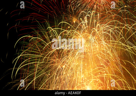 Fuochi d'artificio che esplodono nel cielo nero close up dettaglio mostra molti filamenti di striature di esplosioni Foto Stock