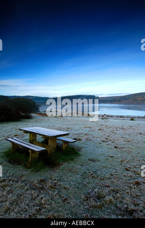 Banco di picnic al serbatoio fernworthy nel parco nazionale di Dartmoor vicino a moretonhampstead devon su una fredda mattina fresco Foto Stock