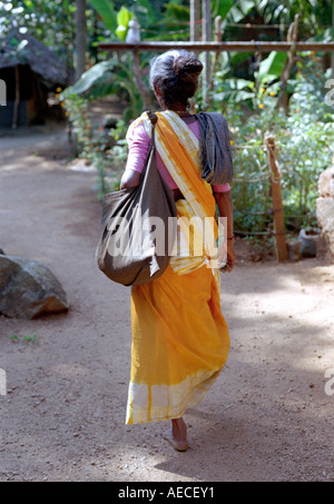 Una vecchia signora vestita di saree passeggiate dopo la richiesta di armi, Kerala, India Foto Stock