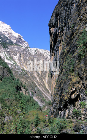 Sentiero di montagna lungo magnifiche scogliere nei dintorni Dharapani Annapurna Conservation Area Nepal Foto Stock