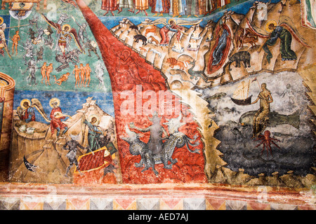 Ultima sentenza affresco sulla parete, Monastero di Voronet, vicino a Gura Humorului, Bucovina, Moldavia, Romania Foto Stock