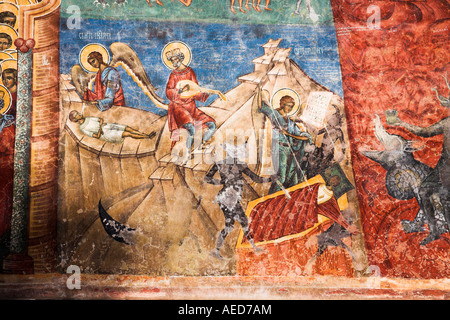 Ultima sentenza affresco sulla parete, Monastero di Voronet, vicino a Gura Humorului, Bucovina, Moldavia, Romania Foto Stock