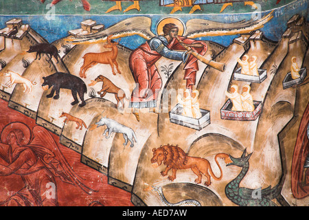 Parte del giudizio ultimo affresco sulla parete, Monastero di Voronet, vicino a Gura Humorului, Bucovina, Moldavia, Romania Foto Stock