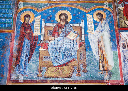 Affresco sulla parete esterna, Monastero di Voronet, vicino a Gura Humorului, Bucovina, Moldavia, Romania Foto Stock