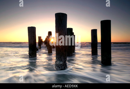 Le pile di un vecchio molo sul mare a Napoli in Florida con un bel tramonto Foto Stock