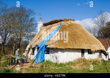 Tetto di Paglia del cottage in fase di rinnovo Foto Stock