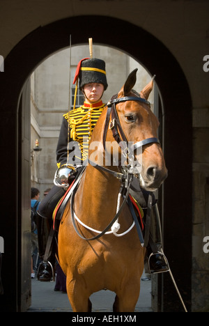 Verticale vista frontale di un elemento femmina della cavalleria della famiglia in servizio al di fuori del cavallo Gaurds Parade di Whitehall in una giornata di sole. Foto Stock
