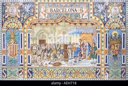 Rappresentando in ceramica Provincia di Barcellona in Plaza de España Siviglia Spagna Foto Stock