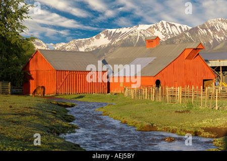 Terreni agricoli vicino a Giuseppe con flusso di granaio e cavallo Oregon Foto Stock