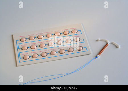 Pillola contraccettiva e moneta (dispositivo intrauterino IUD) Foto Stock