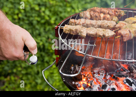 Carni sputa su un grill, inumidito con birra Foto Stock