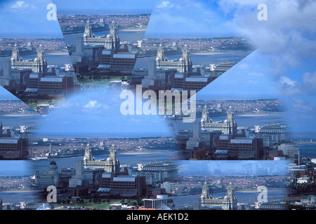 Immagini multiple concentrandosi sulla Royal Liver Building Liverpool Regno Unito Foto Stock