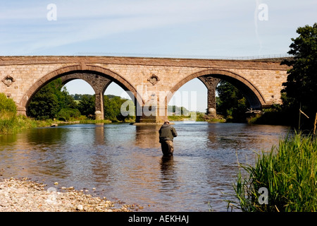 La pesca a mosca nel fiume Esk a Northwater ponte stradale,Angus, Scozia Agosto 2007 Foto Stock