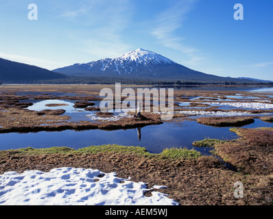 Una vista del monte Bachelor e Mount Bachelor Ski Area a scintille lago lungo la cascata Autostrada dei Laghi nei pressi di curvatura Oregon Foto Stock