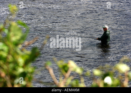 Il pescatore per la pesca del salmone al Ridge Pool nel fiume Moy, Ballina, nella contea di Mayo, Repubblica di Irlanda Foto Stock