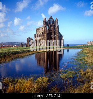 Le rovine di Whitby Abbey si riflettono in uno stagno Foto Stock