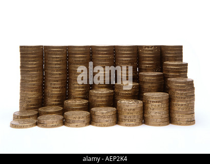 Denaro rising pila di U K Pound monete in forma di grafo Foto Stock