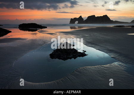 Alba sul Wharariki Beach, Isola del Sud, Nuova Zelanda Foto Stock