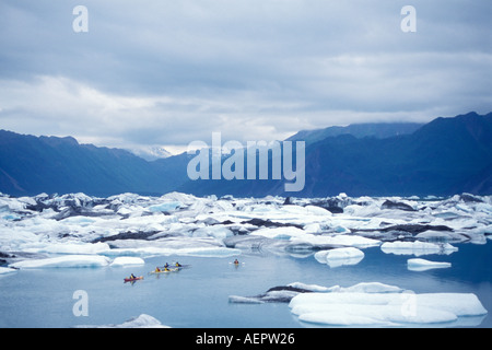 Kayakers con giganti blu Iceberg dal ghiacciaio di orso nel Parco nazionale di Kenai Fjords centromeridionale Alaska Foto Stock