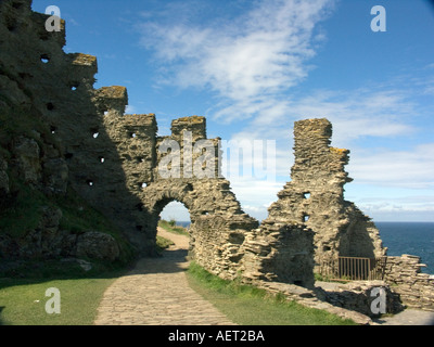 Parete merlata del cortile dell'isola, Tintagel Castle, North Cornwall, Kernow, Inghilterra, Gran Bretagna, Regno Unito Foto Stock