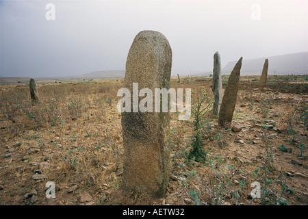 Stele nel Cimitero antico Axoum Axum Aksum Tigre regione Africa Etiopia Foto Stock