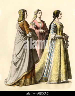 Nobili dame di Firenze durante il Rinascimento o primi 1400s. Colorate a mano la stampa Foto Stock