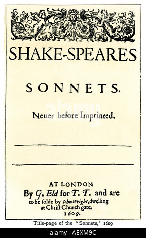 Prima edizione pagina titolo di William Shakespeare sonetti London 1609. Xilografia con un lavaggio ad acquerello Foto Stock